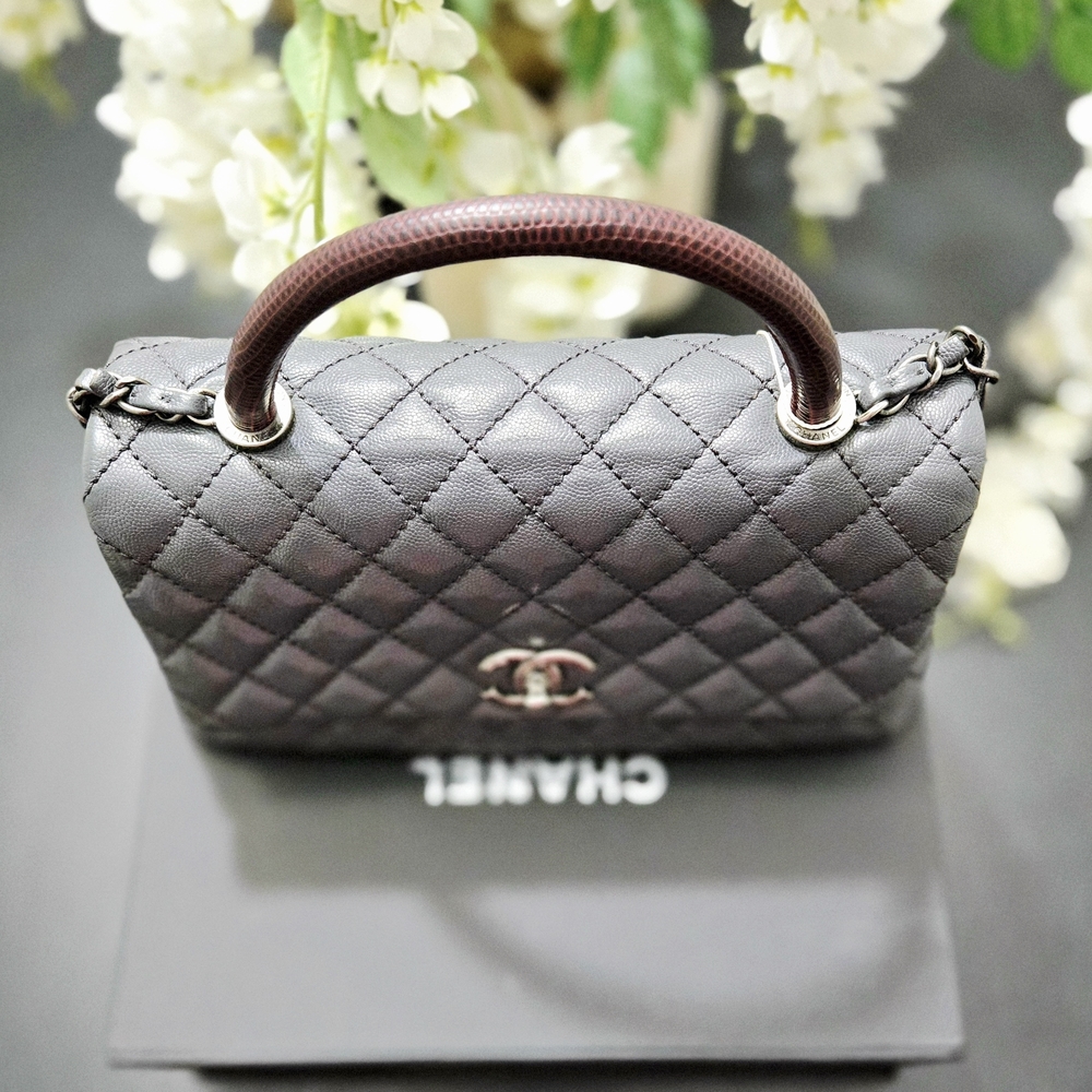 Chanel Coco Caviar Leather Quilted With Lizard Handle Gray Shoulder Bag Medium - Picture 12 of 12
